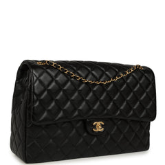 Chanel XXL Classic Single Travel Flap Bag Black Shiny Aged Calfskin Brushed Gold Hardware