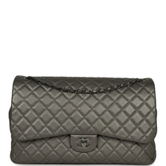 Chanel XXL Classic Single Flap Bag Dark Grey Metallic Lambskin Ruthenium Hardware