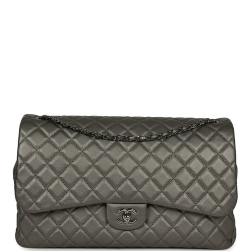 Chanel XXL Classic Single Flap Bag Dark Grey Metallic Lambskin Ruthenium Hardware