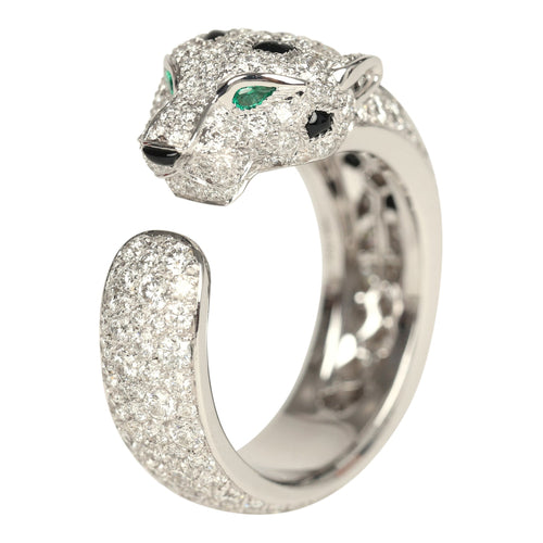 Cartier Panthere De Cartier Medium Half-Pave Ring Onyx & Diamonds 18K White Gold Hardware