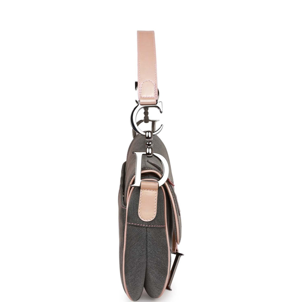 Dior Dark Grey/Pink Denim and Glazed Leather Saddle Bag Dior