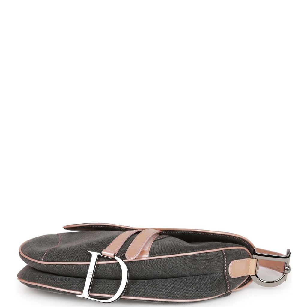 Vintage Christian Dior Saddle Bag Grey Denim and Pink Metallic Leather