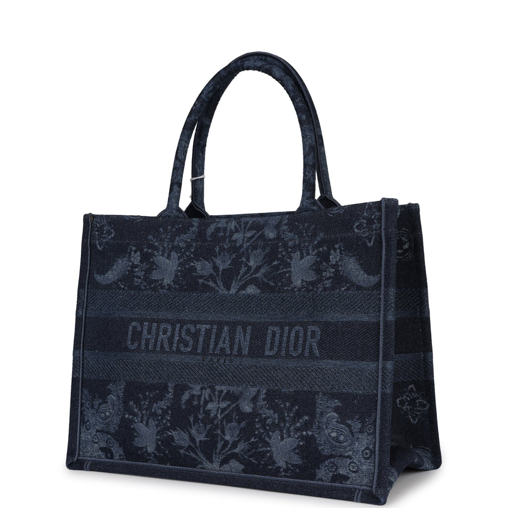 Christian Dior Blue Flower Embroidered Denim Small Book Tote Blue New Denim