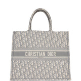 Pre-owned Dior Large Book Tote Grey and White Dior Oblique Embroidery Canvas
