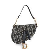 Pre-owned Christian Dior Saddle Bag Navy Blue Oblique Jacquard Antique Gold Hardware