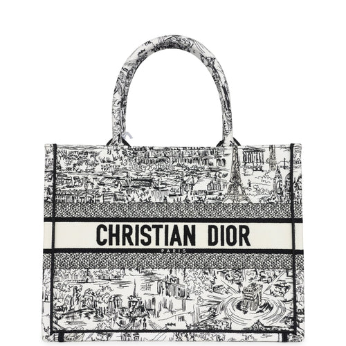 Christian Dior "Paris All Over" Book Tote Medium White and Black Embroidered Canvas