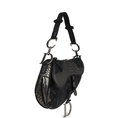 Vintage Christian Dior Saddle Bag Gunmetal Python and Black Leather Silver Hardware