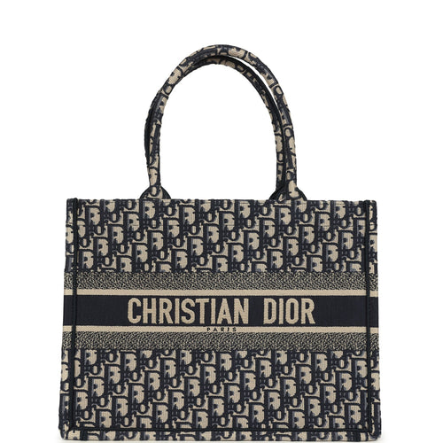 Pre-owned Christian Dior "Oblique" Medium Book Tote Ecru and Navy Blue Embroidered Canvas