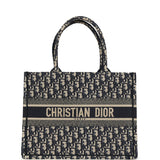 Pre-owned Christian Dior "Oblique" Medium Book Tote Ecru and Navy Blue Embroidered Canvas