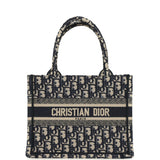 Pre-owned Christian Dior "Oblique" Small Book Tote Ecru and Navy Blue Embroidered Canvas