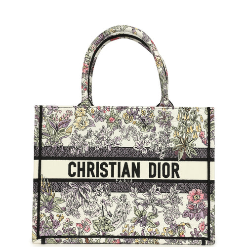 Christian Dior "Fleurs" Medium Book Tote White and Purple Multicolor Embroidered Canvas