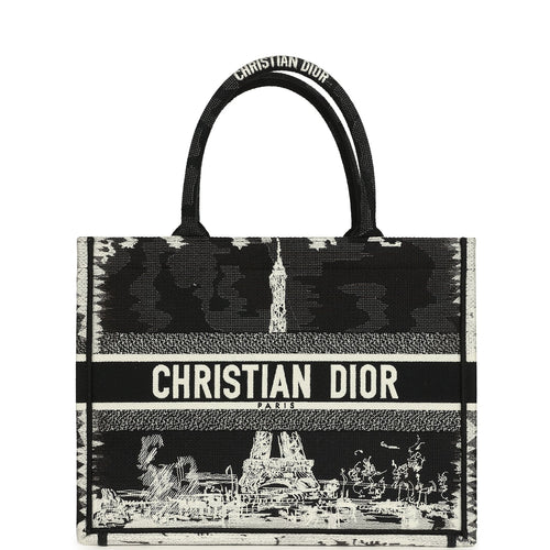 Christian Dior "Paris" Medium Book Tote Black and White Embroidered Canvas
