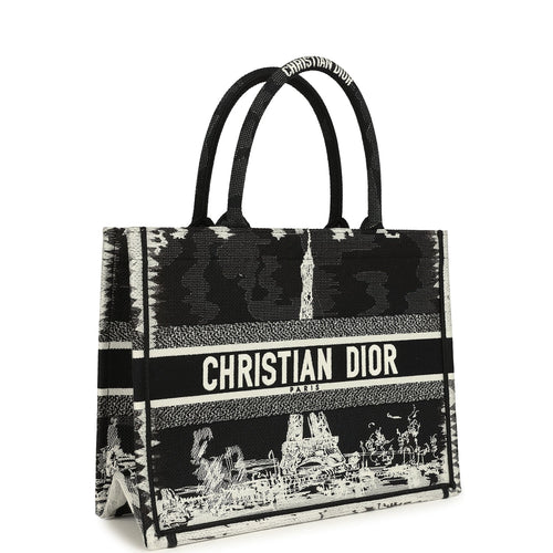 Christian Dior "Paris" Medium Book Tote Black and White Embroidered Canvas