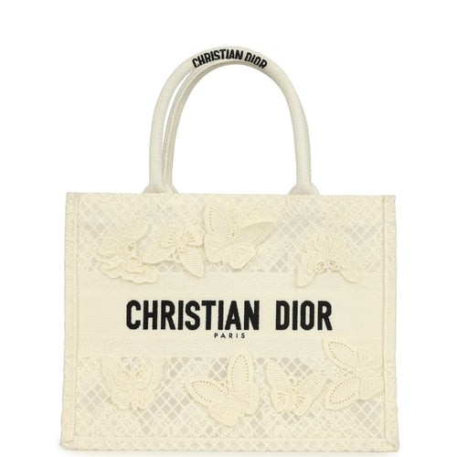 Pre-owned Christian Dior "3D Macrame D-Lace Butterfly" Medium Book Tote Ivory and Black Embroidered Canvas
