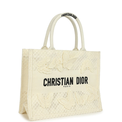 Pre-owned Christian Dior "3D Macrame D-Lace Butterfly" Medium Book Tote Ivory and Black Embroidered Canvas