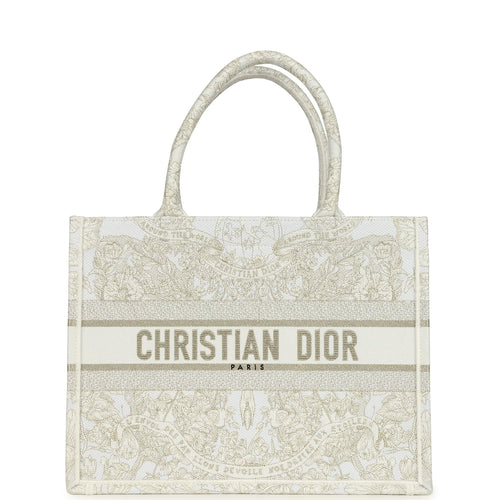 Christian Dior "All Around The World" Medium Book Tote White and Metallic Gold Embroidered Canvas