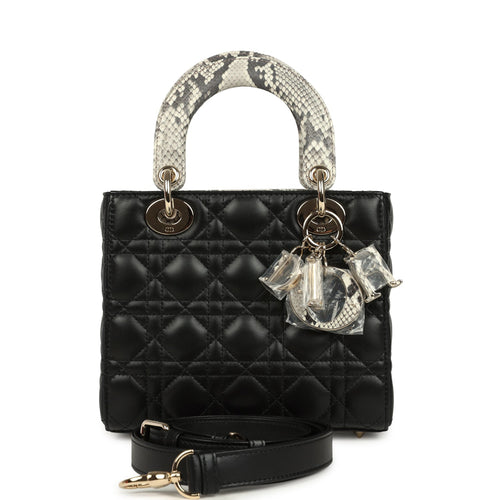 Christian Dior Small Lady Dior Bag Black Cannage Lambskin and Multicolor Python Light Gold Hardware