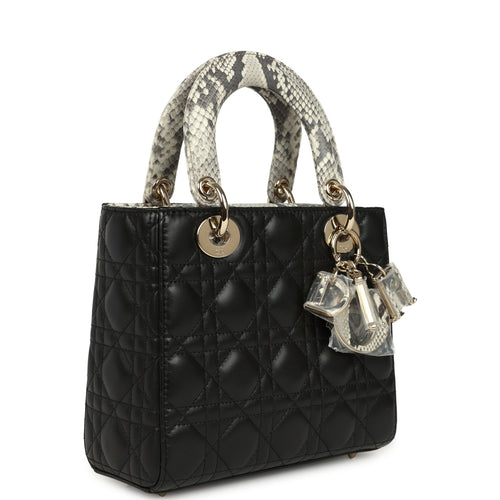 Christian Dior Small Lady Dior Bag Black Cannage Lambskin and Multicolor Python Light Gold Hardware