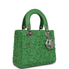 Christian Dior Small Lady Dior Bag "Clover" Shamrock Lucky Green Lambskin Silver Hardware