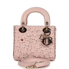 Christian Dior Mini Lady Dior Bag "Clover" Rose Soupir Lambskin Light Gold Hardware