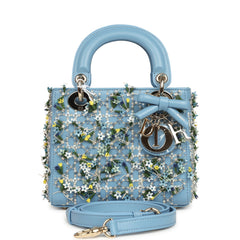 Christian Dior Mini Lady Dior Bag "3D Garden" Blue Multi Embellished Lambskin Light Gold Hardware
