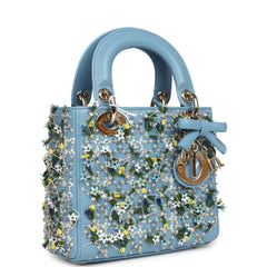Christian Dior Mini Lady Dior Bag "3D Garden" Blue Multi Embellished Lambskin Light Gold Hardware