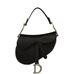 Pre-owned Christian Dior Mini Saddle Bag Black Satin, Crystals Gold Hardware