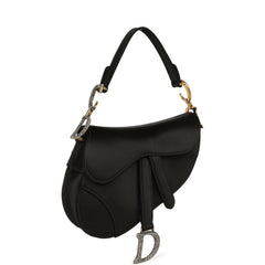 Pre-owned Christian Dior Mini Saddle Bag Black Satin, Crystals Gold Hardware