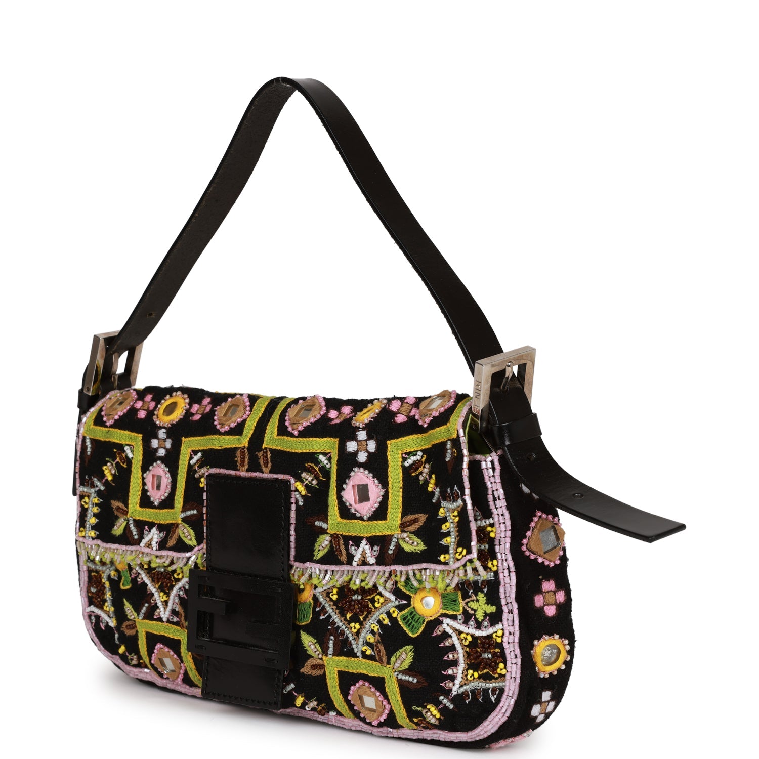 Vintage Fendi Baguette Bag Multicolor Bead Embroidered Canvas Silver H