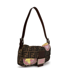 Vintage Fendi Baguette Bag Brown Flower Applique Silver Hardware