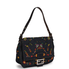 Vintage Fendi Mamma Baguette Bag Ricami Denim Floral Beaded Silver Hardware