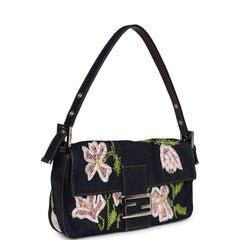 Vintage Fendi Baguette Bag Embroidered Denim Silver Hardware