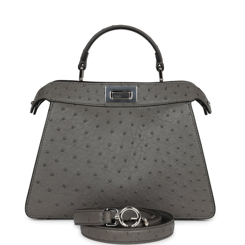 Fendi Small Peekaboo ISeeU Handbag Dark Grey Ostrich Silver Hardware