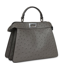 Fendi Small Peekaboo ISeeU Handbag Dark Grey Ostrich Silver Hardware