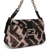 Vintage Fendi Shoulder Bag Pink and Black Zucca Wool Sequins Light Gold Hardware