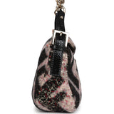 Vintage Fendi Shoulder Bag Pink and Black Zucca Wool Sequins Light Gold Hardware