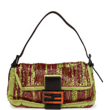 Vintage Fendi Baguette Bag Green and Red Beaded Satin Orange Python Silver Hardware