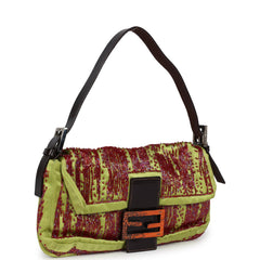 Vintage Fendi Baguette Bag Green and Red Beaded Satin Orange Python Silver Hardware
