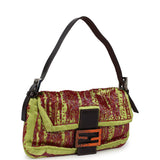 Vintage Fendi Baguette Bag Green and Red Beaded Satin Orange Python Silver Hardware