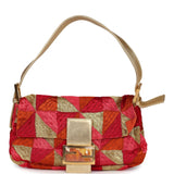 Vintage Fendi Patchwork Baguette Bag Gold, Pink, Orange and Red Embroidered Silk Gold Hardware