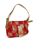 Vintage Fendi Patchwork Baguette Bag Gold, Pink, Orange and Red Embroidered Silk Gold Hardware