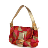 Vintage Fendi Patchwork Baguette Bag Gold, Pink, Orange and Red Embroidered Silk Gold Hardware