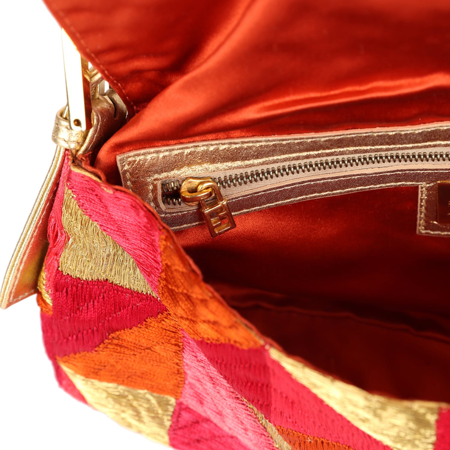 Vintage Fendi Patchwork Baguette Bag Gold, Pink, Orange and Red Embroi