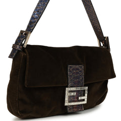 Vintage Fendi Baguette Bag Brown Velvet and Iridescent Python Silver Hardware