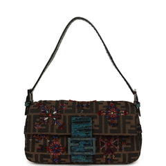 Vintage Fendi Beaded Baguette Bag Brown Multi Canvas and Blue Python Silver Hardware