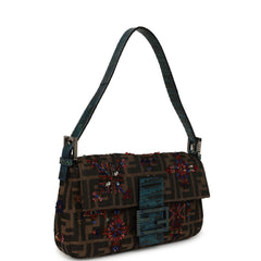 Vintage Fendi Beaded Baguette Bag Brown Multi Canvas and Blue Python Silver Hardware