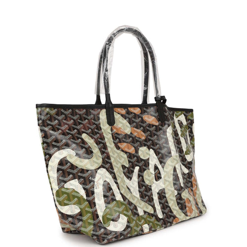 Goyard Limited Edition Black Goyardine Canvas Green Lettres Camouflage St. Louis PM Tote Bag Palladium Hardware