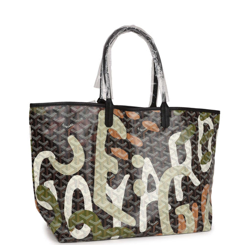 Goyard Limited Edition Black Goyardine Canvas Green Lettres Camouflage St. Louis PM Tote Bag Palladium Hardware