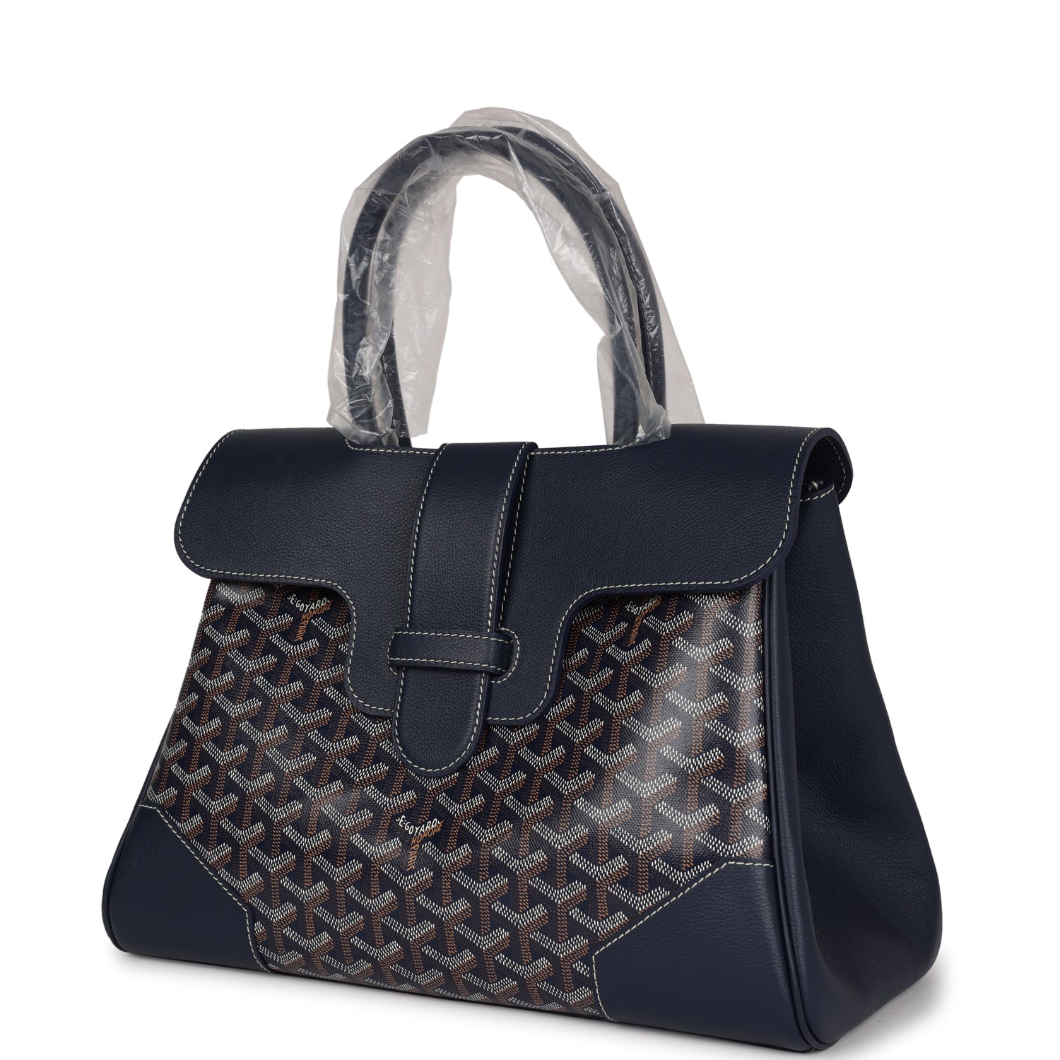 CHIEN GRIS BAG 33 IN SAPPHIRE BLUE GOYARDINE CANVAS AND TAN CALFSKIN TRIM