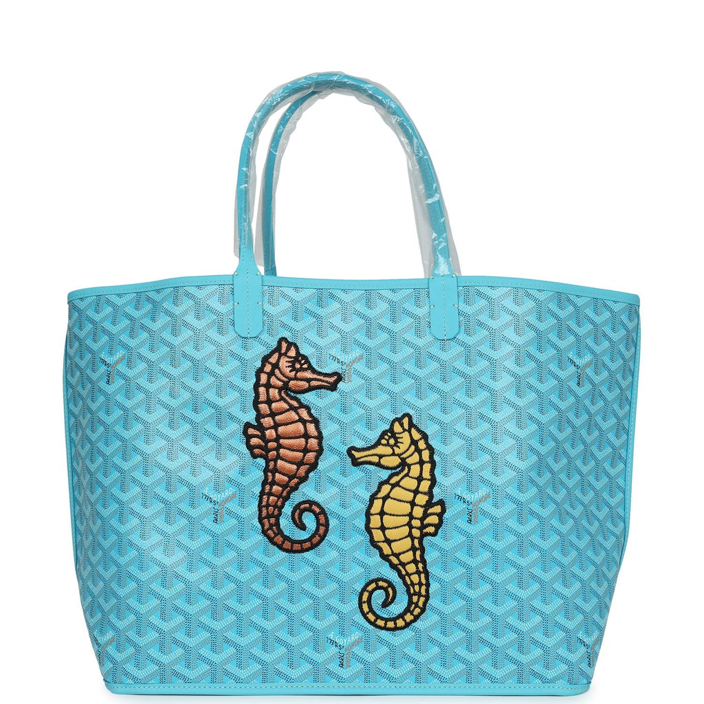 Goyard Goyardine Turquoise Anjou PM Embroidered Seahorse Bag Palladium Hardware